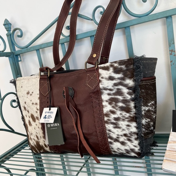 🌺New Myra Bag Canvas & Cowhide & Leather Tote satchel concho tassel western boho - Picture 9 of 15